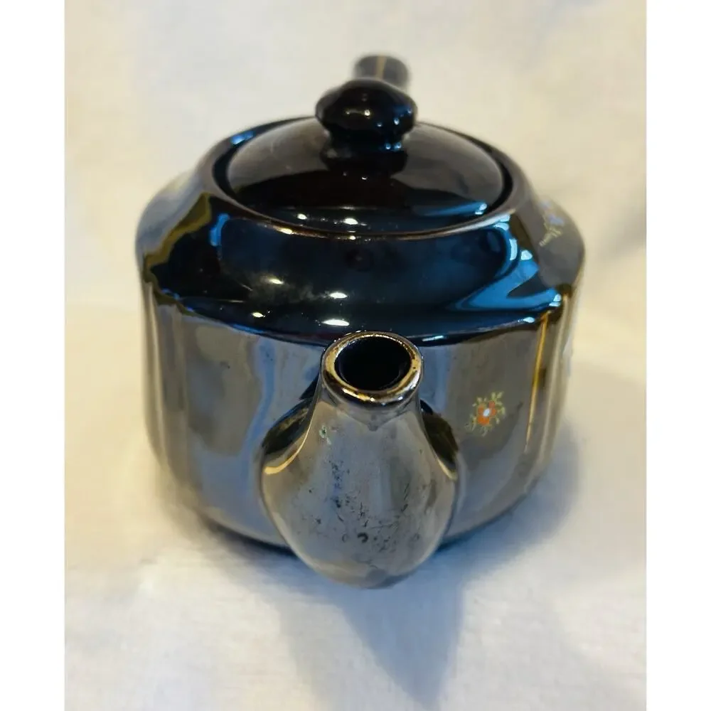 Vtg 1950's Redware Brown Betty Hand Painted Tea Pot 3.5